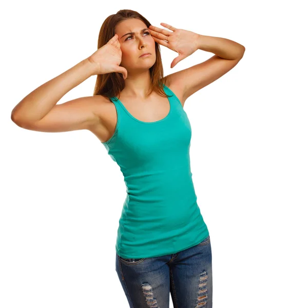 Trött kvinna smärta stress huvudvärk, hand i hand — Stockfoto