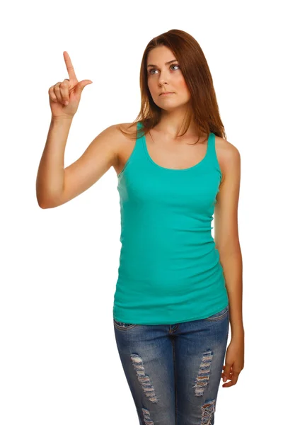 Woman presses touch screen points finger button — Stock Photo, Image