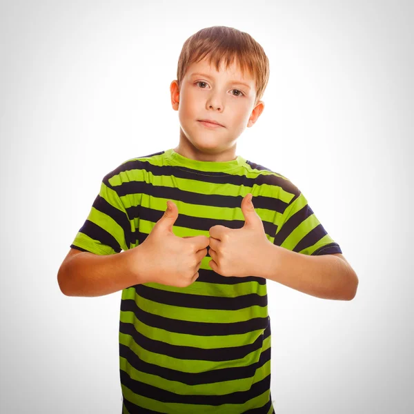 Blond child toddler shirt, holding his fingers up — Stock Photo, Image