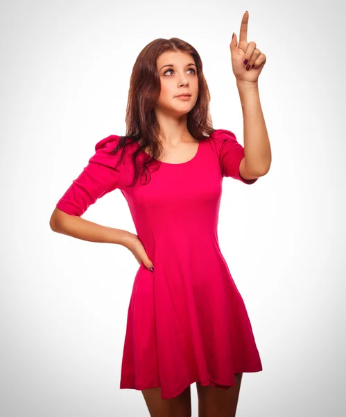 Surprised woman shows finger direction hand — Stock Photo, Image