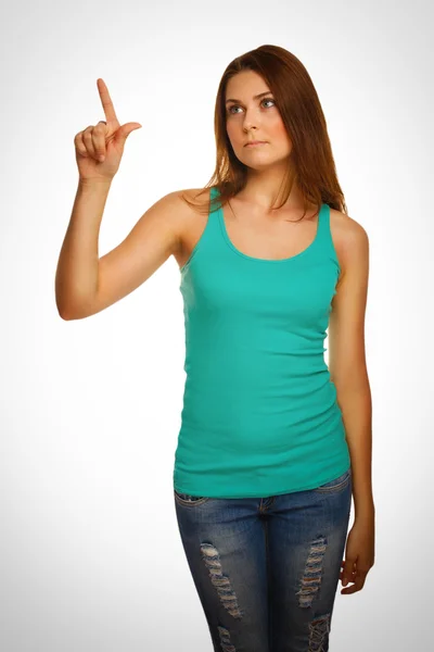 Mulher pressiona pontos de tela de toque botão de pressão do dedo — Fotografia de Stock