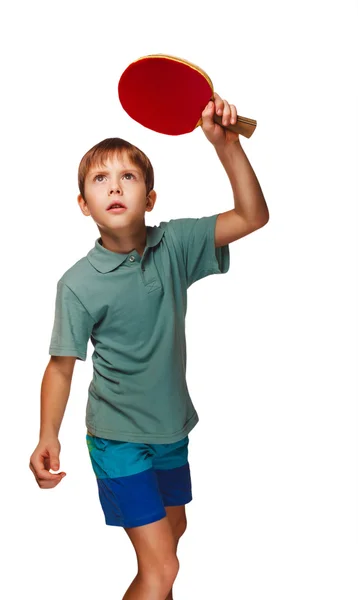 Loira menino jogar tênis de mesa forehand topspin — Fotografia de Stock