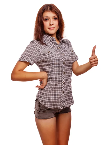 Mulher mostra positivo sinal polegares sim, shorts camisa — Fotografia de Stock