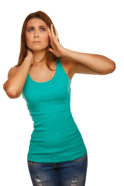 Estrés mujer cansada dolor de cabeza, sosteniendo sus manos detrás de la cabeza —  Fotos de Stock