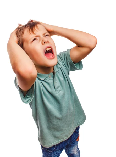 Child boy upset angry shout produces evil face portrait isolated — Stock Photo, Image