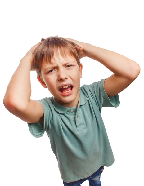 Child upset angry boy shout produces evil face portrait isolated — Stock Photo, Image