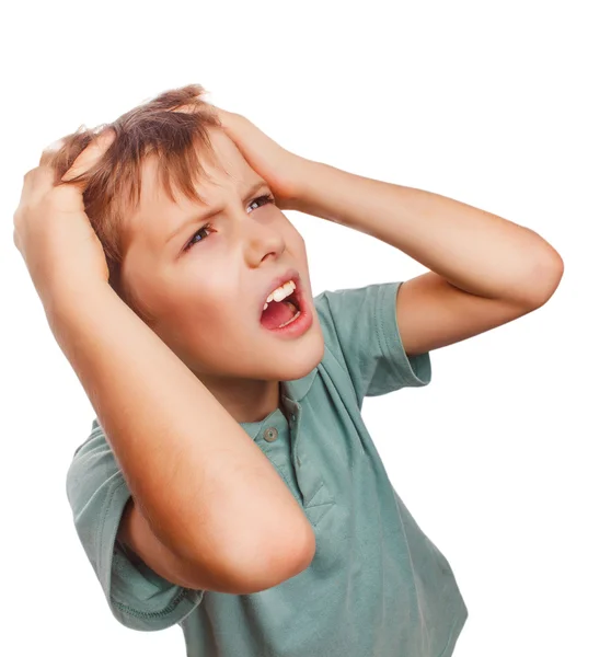 Child upset boy angry shout produces evil face portrait isolated — Stock Photo, Image