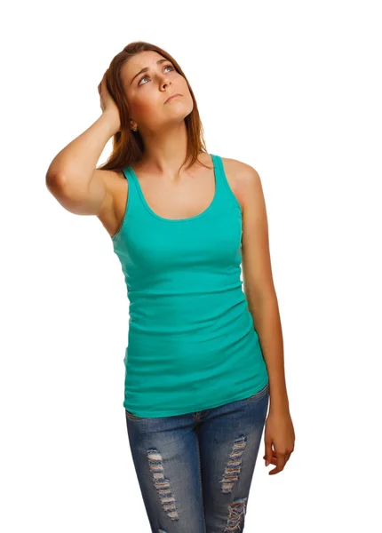 Girl looking up frowning woman thinks women's thinking — Stock Photo, Image