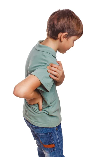 Osteochondrosis teenage boy holds his hand behind his back back pain — Stock Photo, Image