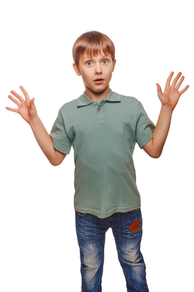 Raised teen his hands up child kid baby boy surprised — Stock Photo, Image