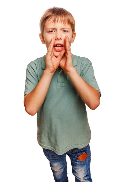 Adolescente menino chora chamando abriu a boca — Fotografia de Stock