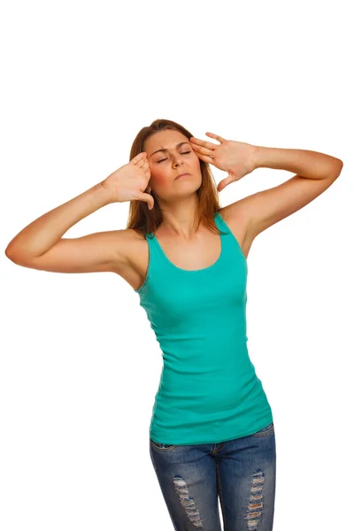 Moe vrouw pijn stress hoofdpijn, zijn handen achter hoofd houden — Stockfoto