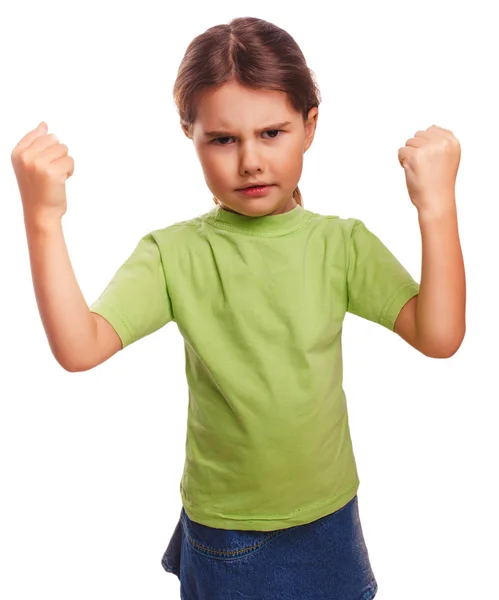 Niño enojado niña malvada muestra puños experimentando ira y aislado sobre fondo blanco — Foto de Stock