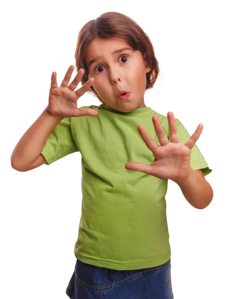Frightened child little girl experiences terror locked hands surprised — Stock Photo, Image