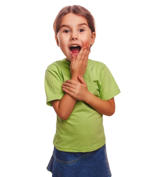 Little girl glad joyful surprise opened her mouth — Stock Photo, Image