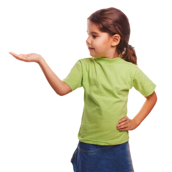 Little girl holding open palm empty hand — Stock Photo, Image