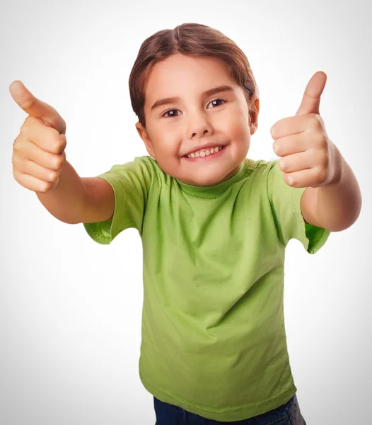 Bebé niña emociones levantó los pulgares hacia arriba sonriendo símbolo indica que sí emociones —  Fotos de Stock