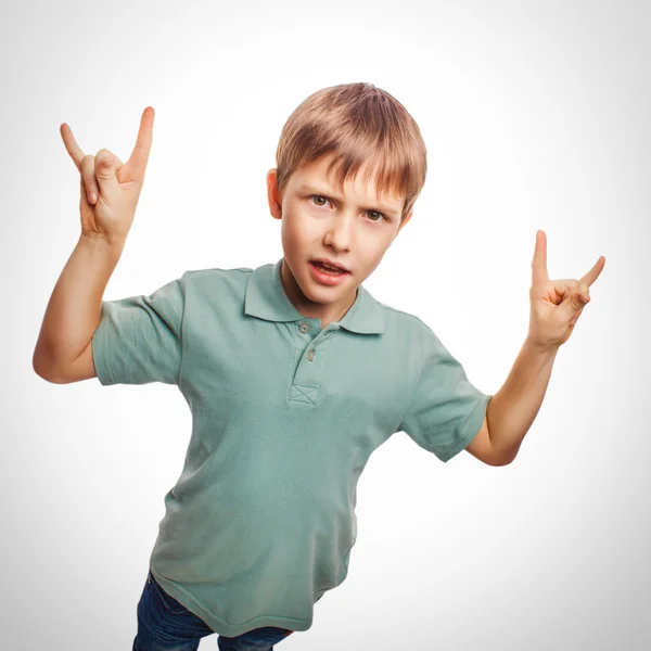 Niño adolescente gesto manos metal rock diablo emoción —  Fotos de Stock