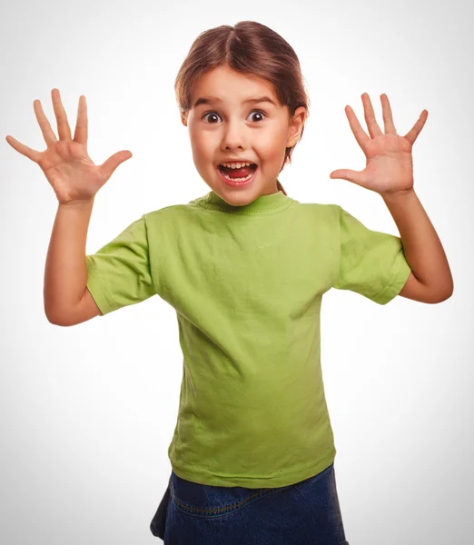 Girl little pleased joyful surprise surprise spread her arms to sides emotion — Stock Photo, Image