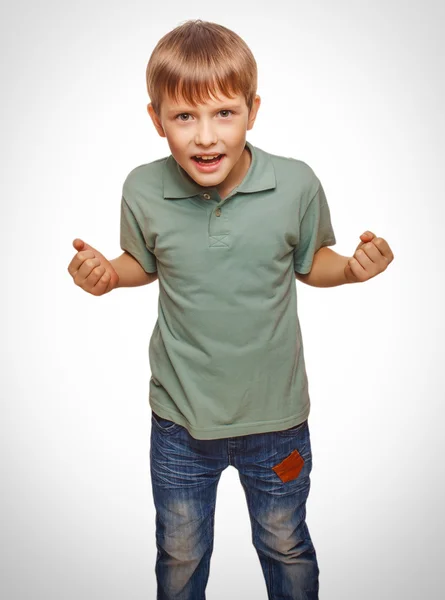 Teen excited teenage boy hand so his fists — Stock Photo, Image