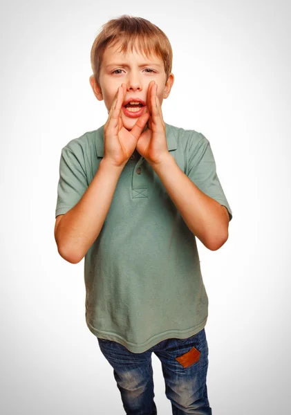 Teenager boy cries calling opened his mouth emotion — Stock Photo, Image