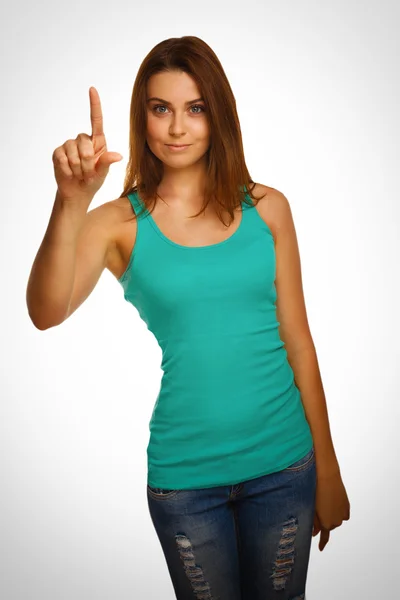 Frau drückt Zeigefinger berührt Bildschirm, drückt Emotionen — Stockfoto