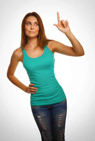 Woman girl presses the point finger touches the screen — Stock Photo, Image