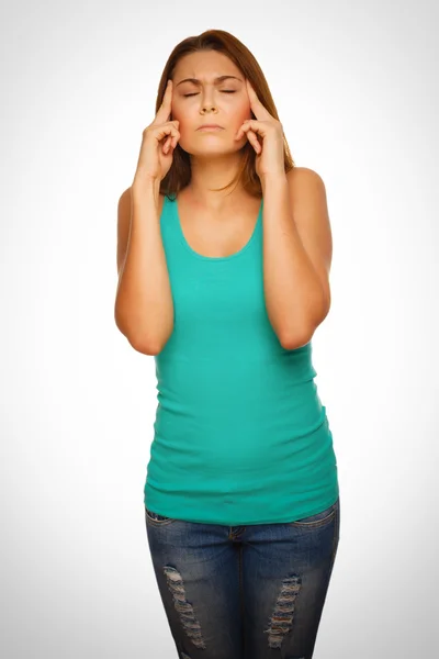 Жіночий біль напруга втомлений головний біль, тримаючи руки за голову — стокове фото