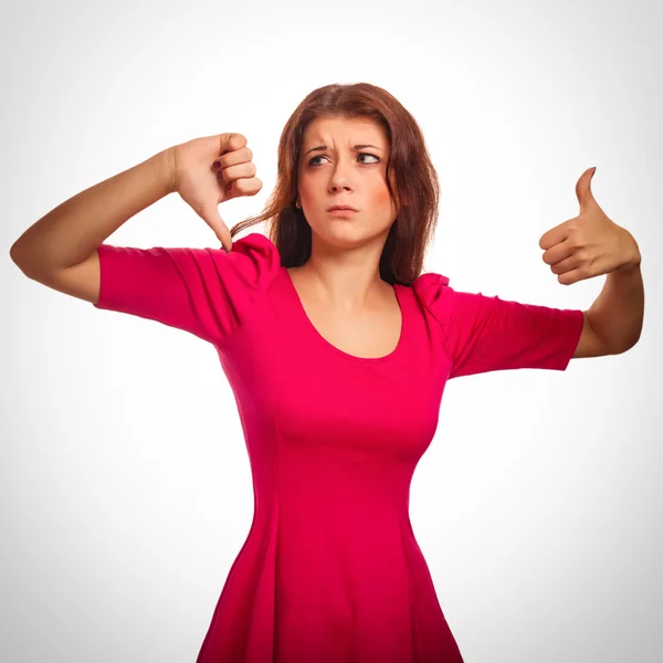 Woman shows signs girl yes and no, hand fingers — Stock Photo, Image