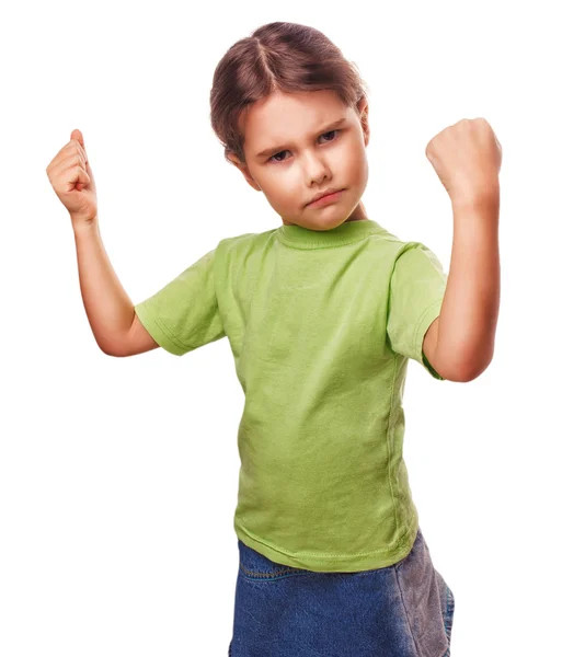 Angry evil girl female child shows fists experiencing — Stock Photo, Image