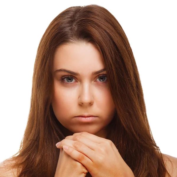 Brunette face woman girl covered her half hand isolated — Stock Photo, Image