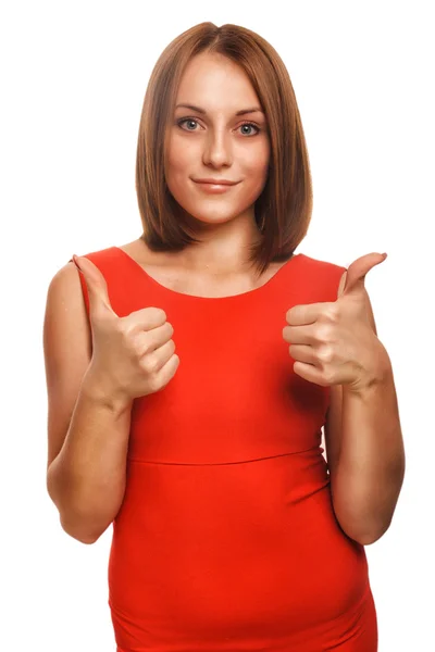 Mädchen Frau junge positive Zeichen Daumen ja in rotem Kleid — Stockfoto
