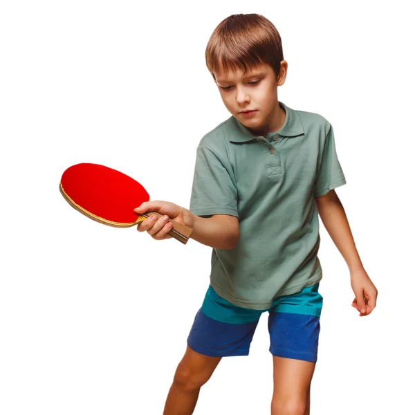 Push boy blond man table tennis children playing forehand takes — Stock Photo, Image