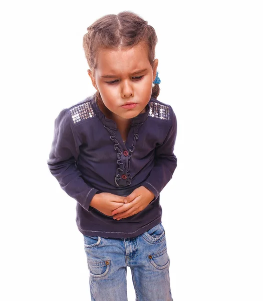 Sick little child girl in pain in the stomach, belly aches and cramps disease medicine — Stock Photo, Image