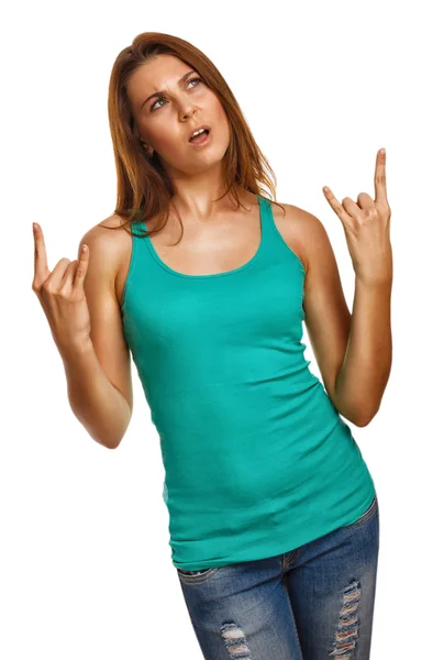 Vrouw meisje toont teken duivel rock metal in spijkerbroek — Stockfoto