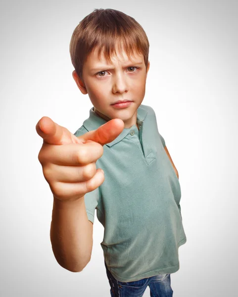 Angry boy shows his finger to the screen emociones evil ..emotion background — Stock Photo, Image