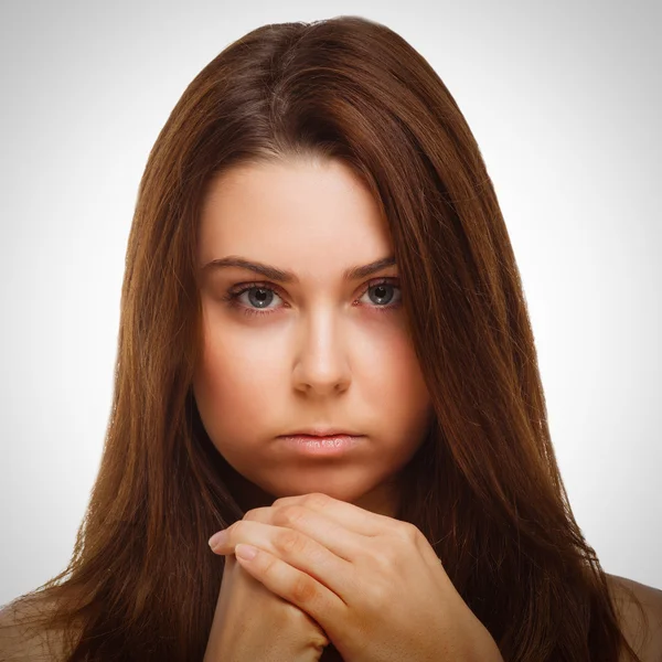 Brunette face woman girl covered her half hand isolated emotion — Stock Photo, Image