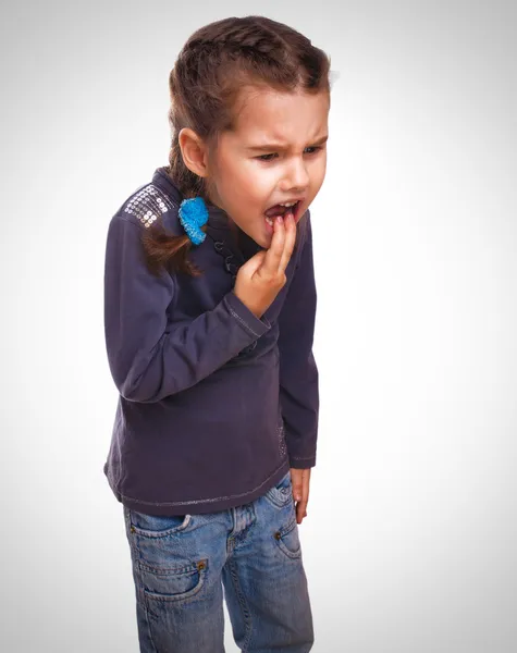 Girl child little vomits burps poisoning and vomiting emotion background — Stock Photo, Image