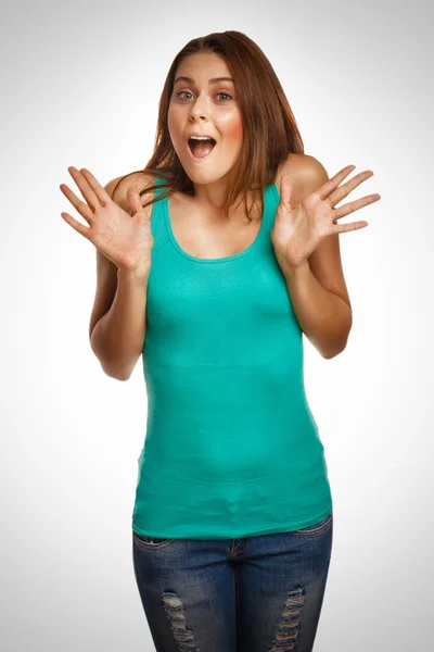 Surprised girl excited woman has joy and happiness opened her mouth and spread her hands — Stock Photo, Image