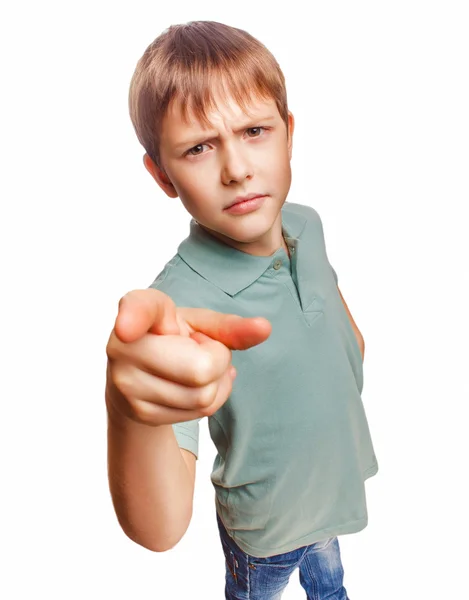 Angry kid boy shows his finger to screen evil is isolated on a w — Stock Photo, Image