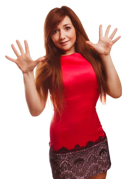 Beautiful excited surprised brunette woman throws up his hands o — Stock Photo, Image