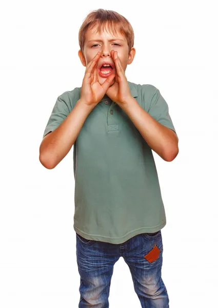 Boy teenager kids calling cries shouts opened his mouth isolated — Stock Photo, Image