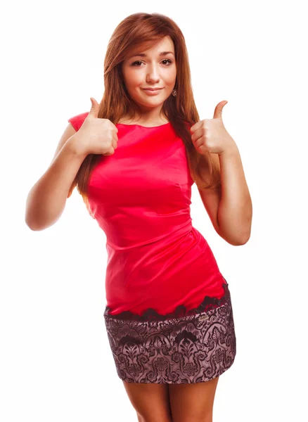 Brunette girl yes woman shows positive sign thumbs isolated emot — Stock Photo, Image