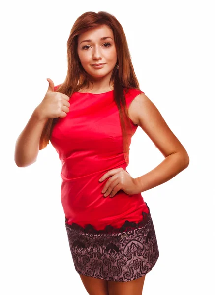 Girl brunette woman shows positive sign thumbs yes isolated emot — Stock Photo, Image