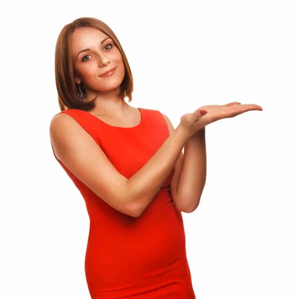 Menina feliz mostrando retrato mulher nua segurando sua mão i — Fotografia de Stock