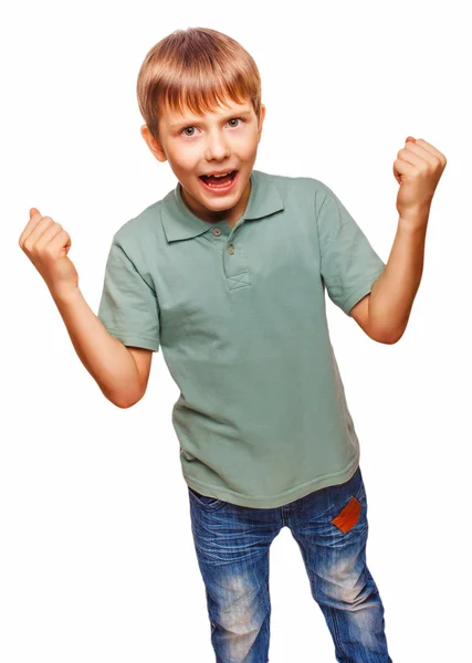 Teen excited happy teenage boy shows his hand so fists — Stock Photo, Image