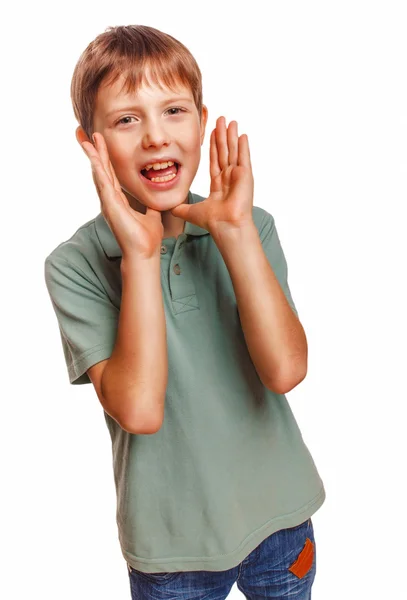 Tonåring ringer pojke barn gråter hojtningar öppnade munnen isolerade — Stockfoto
