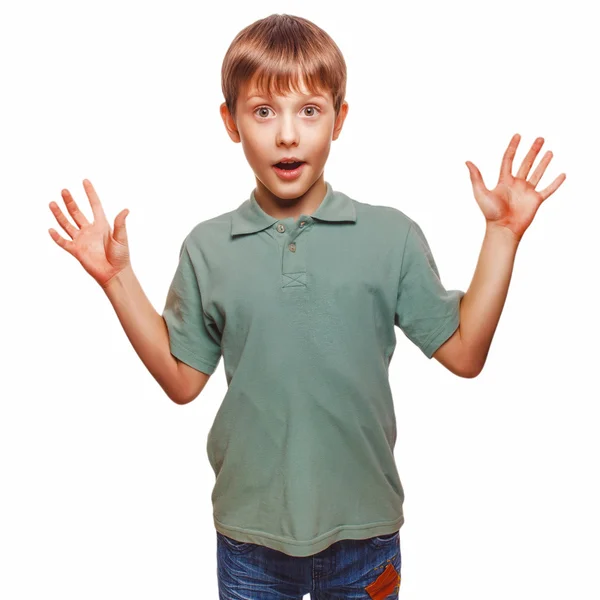 Teenager kids boy raised his hands up baby surprised — Stock Photo, Image