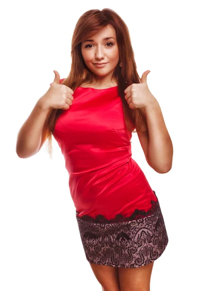 Woman girl brunette shows positive sign thumbs yes isolated emot — Stock Photo, Image