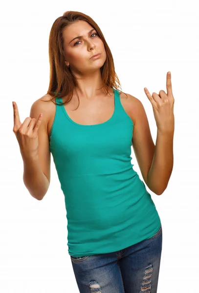 Vrouw meisje toont teken duivel rock metal in spijkerbroek geïsoleerd op whit — Stockfoto